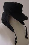 black peak hat with neck cover and under-chin fastening