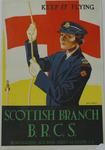 'Keep it flying' - Scottish Branch. VAD in outdoor uniform with 'flag'.