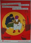 Small poster designed on red background. Shows a female cyclist sitting on the ground clutching her right knee. Three people surround her. 'Nearly 1000 cyclists and pedestrians are killed each year. Applying simple first aid techniques can help reduce that number.' A Welsh version was also produced.