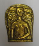 Croix Rouge Yougoslave - Assistance pour Skopje: gilt plaque illustrated with a woman wearing large ear rings holding a large clock (?)