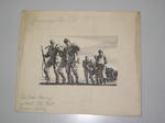 black and white proof: a line of wounded soldiers assisting one another on march. There are remarks pencilled over the cardboard mount: Red Cross Penny a Week Feb Nat Press Campaign