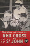 Small poster showing a St John Ambulance VAD lighting cigarettes for a soldier and sailor: 'Help them - through the Red Cross & St John.'