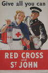 Small colour poster showing a female BRC VAD and male St John Ambulance member holding collecting boxes: 'Give all you can. Red Cross and St. John.'