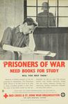 Small poster with black and white image of a man studying and a a guard outside. 'Prisoners of War Need Books for Study. Will You Help Them?'