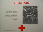 poster: 'First Aid. The Red Cross provides first aid posts for hundreds of public gatherings, fram major race meetings to village fetes. We also run training courses, for the public and industry, in first aid and life-saving techniques.'