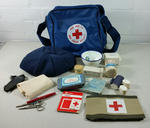 Navy blue washproof plastic first aid bag with contents
