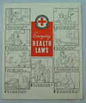 British Red Cross Society Junior 'Serve One Another' poster: Everday Health Laws, in black, white and red, with 9 illustrations.