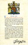 Official victory message from George VI to all schoolchildren