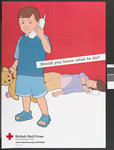 Large poster showing a small child holding a teddy bear in one hand and a telephone in the other. His mother lies on the floor behind him. The words 'Would you know what to do?' appear across the poster.