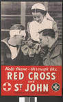 Large poster showing a St John Ambulance VAD lighting cigarettes for a soldier and sailor: 'Help them - through the Red Cross & St John.'