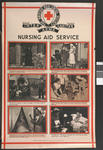 One of a set of large posters illustrating the services of the British Red Cross: Nursing Aid Service.