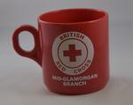 Red plastic 'British Red Cross Mid Glamorgan Branch' mug