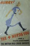 Laminated colour photocopy of poster featuring a young woman running and the word 'HURRY!'. Woman wears the indoor uniform of the British Red Cross
