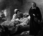 Representation of Florence Nightingale mopping the brow of a wounded soldier at Scutari Hospital