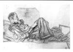 Sketches of prisoner of war camp life by prisoner of war John Watton, 'man sitting in top bunk'