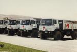 Front view of 'the simple truth' lorries with aid deliveries