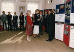 Diana, Princess of Wales looks at display on international work during a visit to British Red Cross National Headquarters