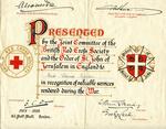 Certificate for services rendered 1914-1919 awarded to Miss Florence Egerton