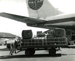 Black and white photograph. Relief supplies for victims of flooding in Vietnam