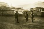 Black and white photograph near the landing place Kostoria-Link, Photakis and two British orderlies - Balkan War 1912-1913