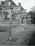 Black and white photograph of the gardens and exterior at Barnett Hill