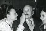 Black and white photograph from Red Cross News 1980s of the reunion of Nina Holland and her father after 40 years
