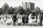 Black and white photograph of the presentation of an ambulance during a visit from the Princess Royal in Durham