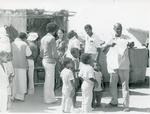 Black and white photograph of Red Cross relief work in Sudan 1983