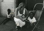 Black and white photograph of Red Cross relief work in Uganda 1981