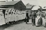 Queen Mary inspecting VADs in St John's Ambulance Hospital at Etaples, 6 Jul 1917