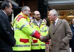 Prince Charles visiting the town of Pontypridd, affected by recent floods in Wales.