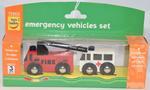 Wooden emergency vehicle set containing a fire engine and an ambulance