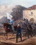 Watercolour painting depicting Colonel Robert Loyd-Lindsay and Mr Whittle delivering financial aid during the Franco-Prussian War