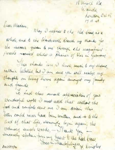 Letter of thanks to the British Red Cross from a former Prisoner of War ...